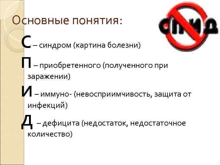 Основные понятия: С – синдром (картина болезни) П – приобретенного (полученного при заражении) И