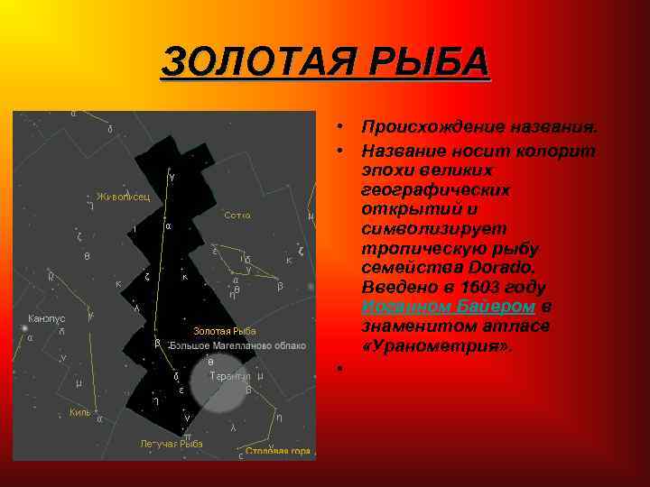 ЗОЛОТАЯ РЫБА • Происхождение названия. • Название носит колорит эпохи великих географических открытий и