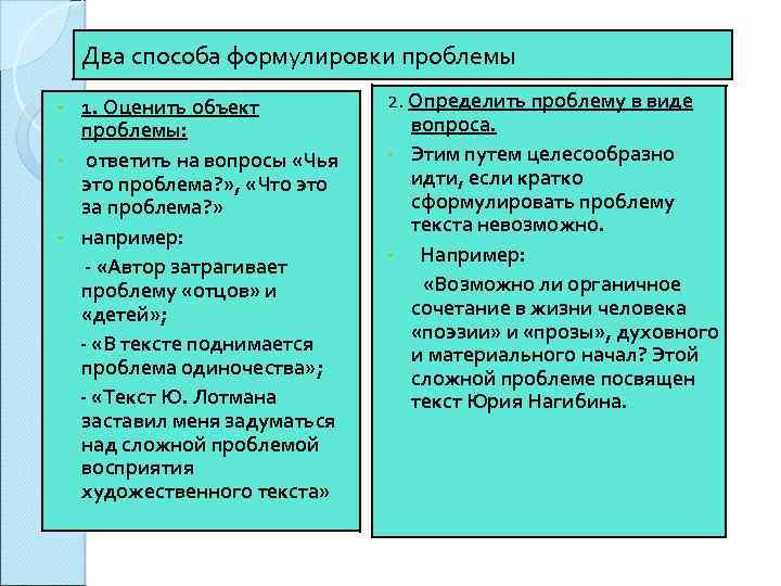 Два способа формулировки проблемы 1. Оценить объект проблемы: • ответить на вопросы «Чья это