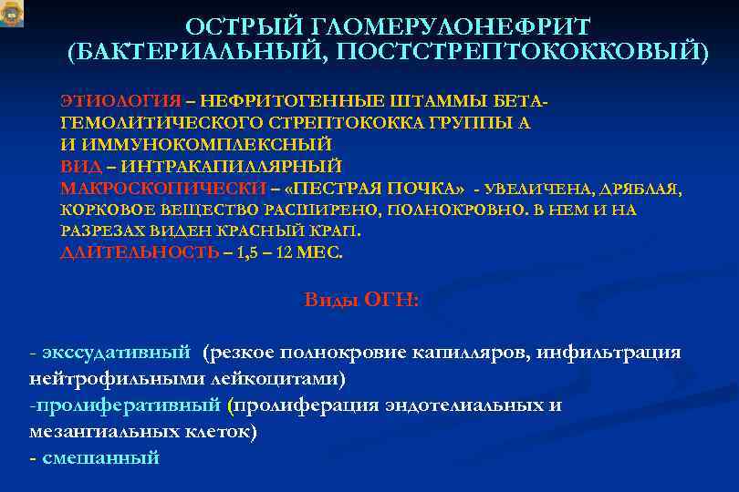 ОСТРЫЙ ГЛОМЕРУЛОНЕФРИТ (БАКТЕРИАЛЬНЫЙ, ПОСТСТРЕПТОКОККОВЫЙ) ЭТИОЛОГИЯ – НЕФРИТОГЕННЫЕ ШТАММЫ БЕТАГЕМОЛИТИЧЕСКОГО СТРЕПТОКОККА ГРУППЫ А И ИММУНОКОМПЛЕКСНЫЙ