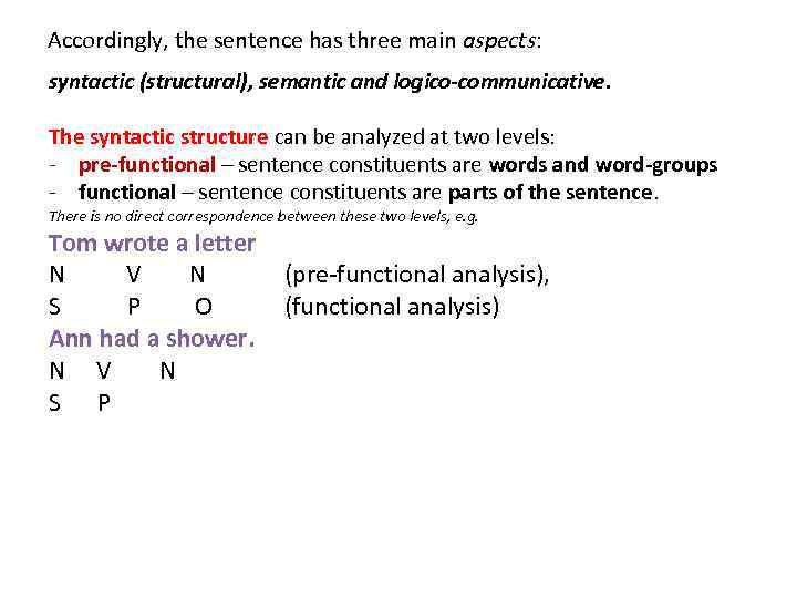 Accordingly, the sentence has three main aspects: syntactic (structural), semantic and logico-communicative. The syntactic