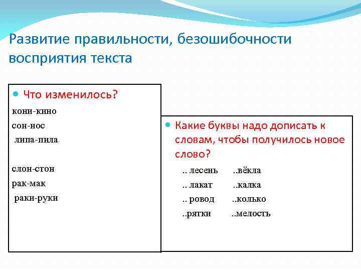 Развитие правильности, безошибочности восприятия текста Что изменилось? кони-кино сон-нос липа-пила слон-стон рак-мак раки-руки Какие