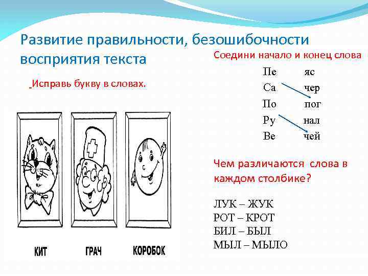 Развитие правильности, безошибочности Соедини начало и конец слова восприятия текста Исправь букву в словах.