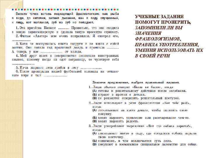 УЧЕБНЫЕ ЗАДАНИЯ ПОМОГУТ ПРОВЕРИТЬ, ЗАПОМНИЛИ ЛИ ВЫ ЗНАЧЕНИЯ ФРАЗЕОЛОГИЗМОВ, ПРАВИЛА УПОТРЕБЛЕНИЯ, УМЕНИЯ ИСПОЛЬЗОВАТЬ ИХ