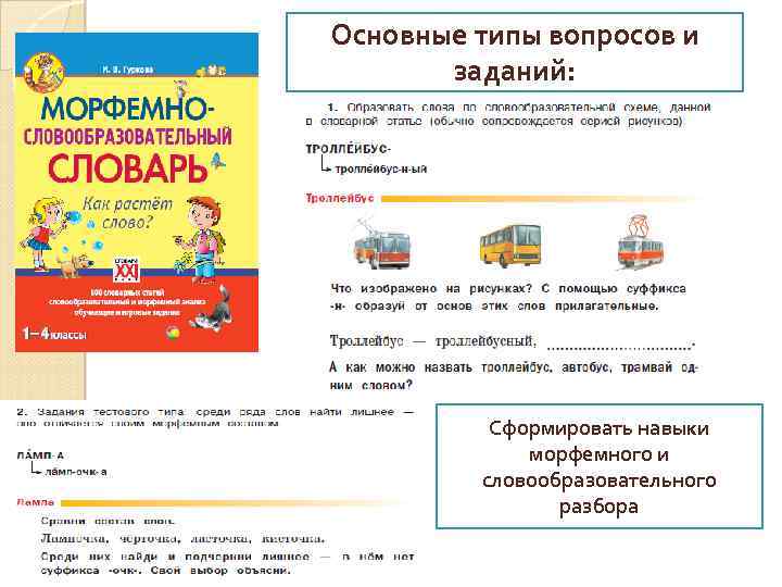 Основные типы вопросов и заданий: Сформировать навыки морфемного и словообразовательного разбора 