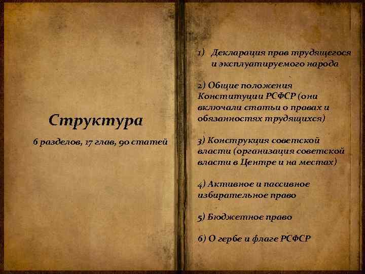 1) Декларация прав трудящегося и эксплуатируемого народа Структура 6 разделов, 17 глав, 90 статей