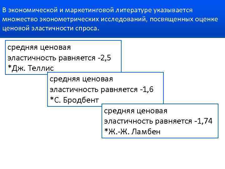 В экономической и маркетинговой литературе указывается множество эконометрических исследований, посвященных оценке ценовой эластичности спроса.