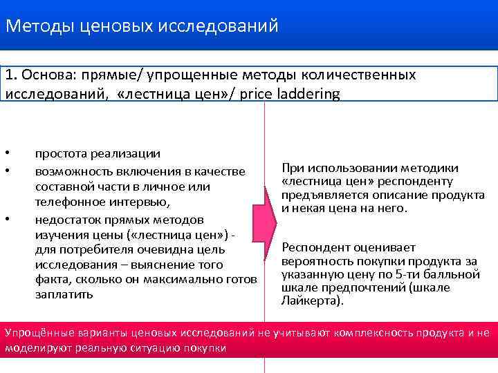 Методы ценовых исследований 1. Основа: прямые/ упрощенные методы количественных исследований, «лестница цен» / price