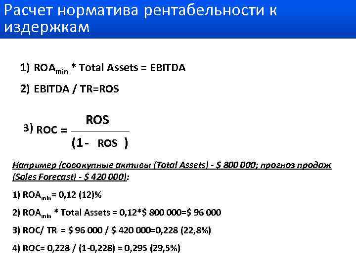 Расчет норматива рентабельности к издержкам 1) ROAmin * Total Assets = EBITDA 2) EBITDA