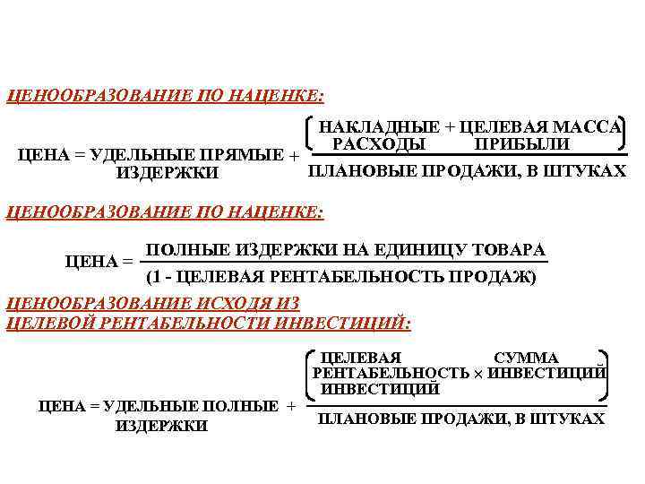 ЦЕНООБРАЗОВАНИЕ ПО НАЦЕНКЕ: НАКЛАДНЫЕ + ЦЕЛЕВАЯ МАССА РАСХОДЫ ПРИБЫЛИ ЦЕНА = УДЕЛЬНЫЕ ПРЯМЫЕ +