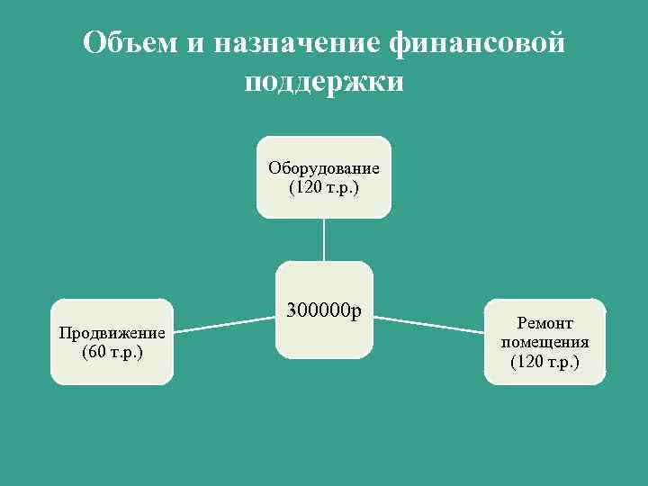 Объем и назначение финансовой поддержки Оборудование (120 т. р. ) 300000 р Продвижение (60