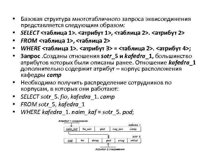  • Базовая структура многотабличного запроса эквисоединения представляется следующим образом: • SELECT <таблица 1>.
