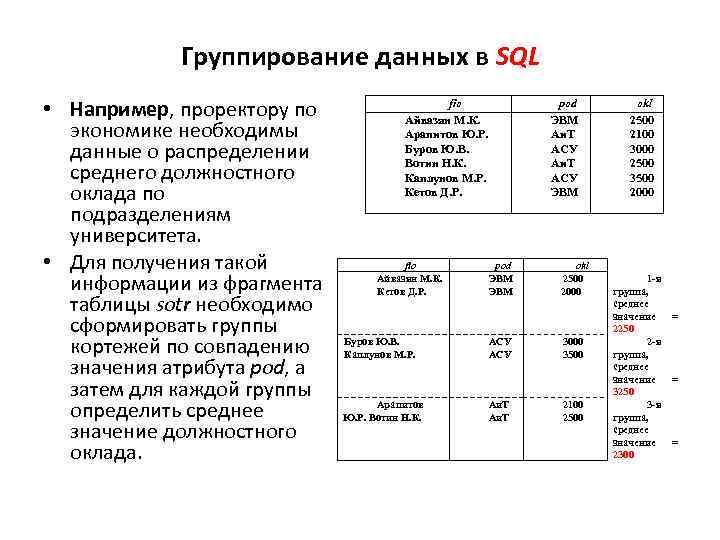 Группирование данных в SQL • Например, проректору по экономике необходимы данные о распределении среднего
