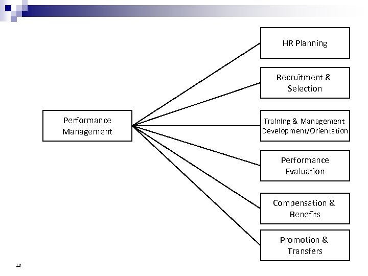 HR Planning Recruitment & Selection Performance Management Training & Management Development/Orientation Performance Evaluation Compensation