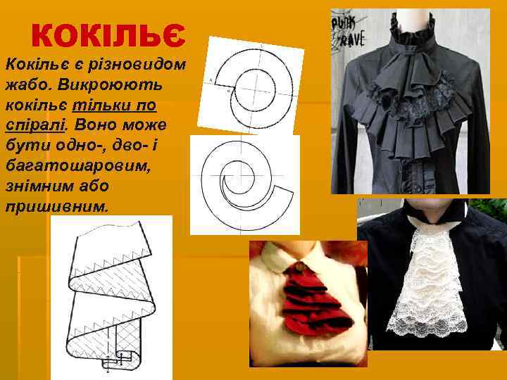 КОКІЛЬЄ Кокільє є різновидом жабо. Викроюють кокільє тільки по спіралі. Воно може бути одно-,