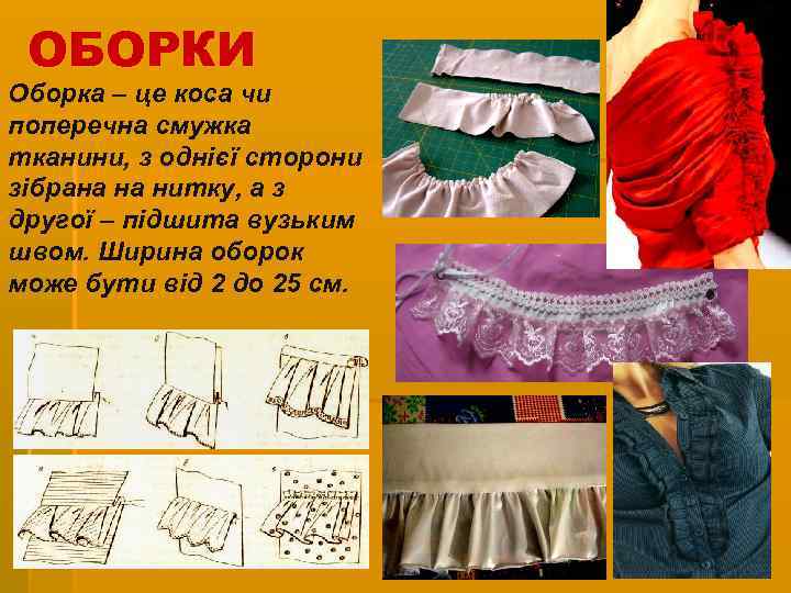 ОБОРКИ Оборка – це коса чи поперечна смужка тканини, з однієї сторони зібрана на