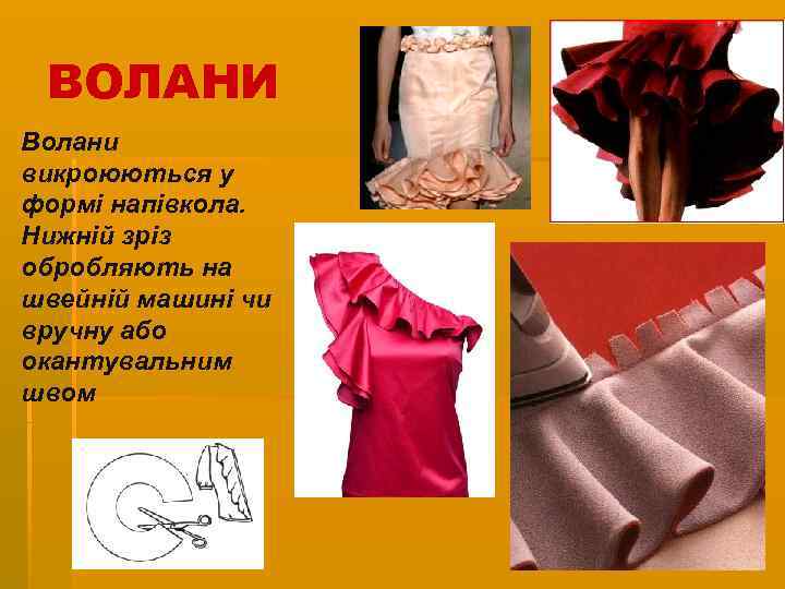 ВОЛАНИ Волани викроюються у формі напівкола. Нижній зріз обробляють на швейній машині чи вручну