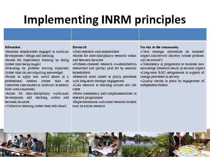 Implementing INRM principles Education External stakeholders engaged in curricula development / design and teaching