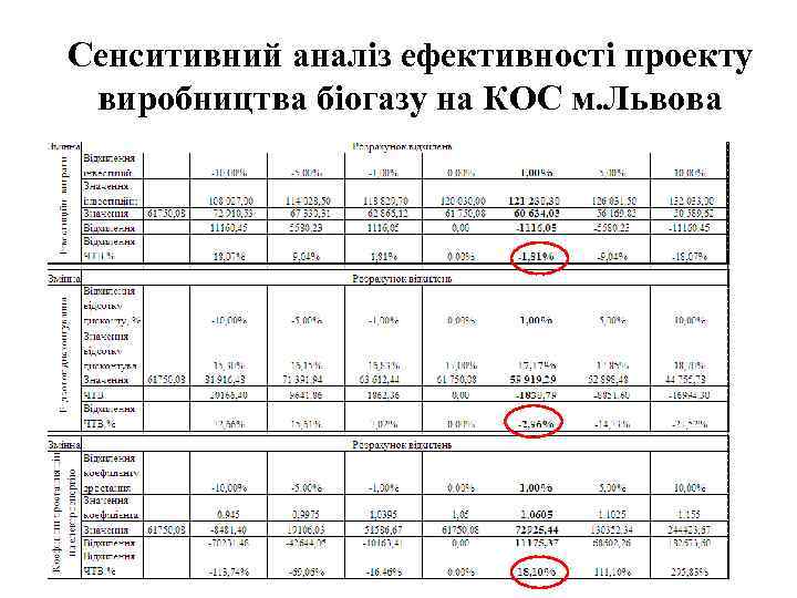Сенситивний аналіз ефективності проекту виробництва біогазу на КОС м. Львова 