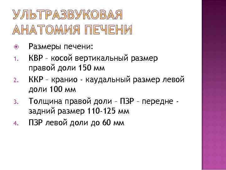  1. 2. 3. 4. Размеры печени: КВР – косой вертикальный размер правой доли