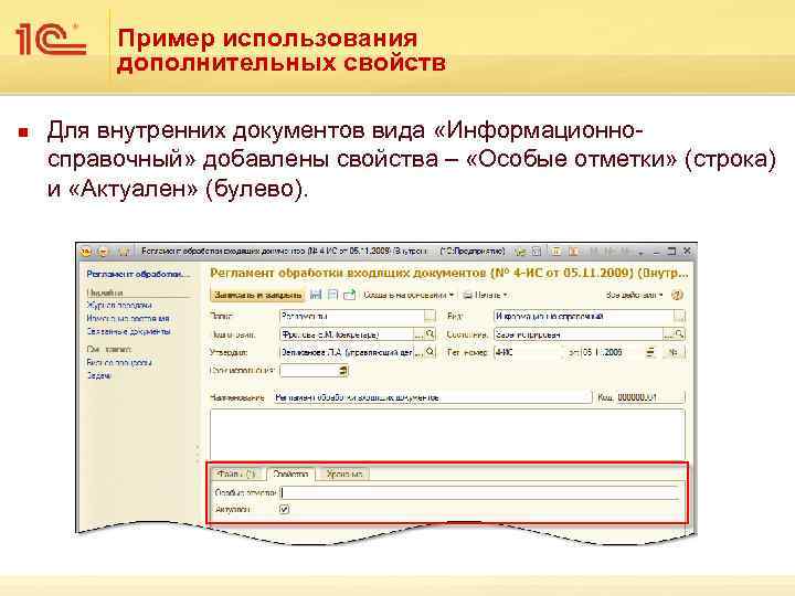 Пример использования дополнительных свойств n Для внутренних документов вида «Информационносправочный» добавлены свойства – «Особые