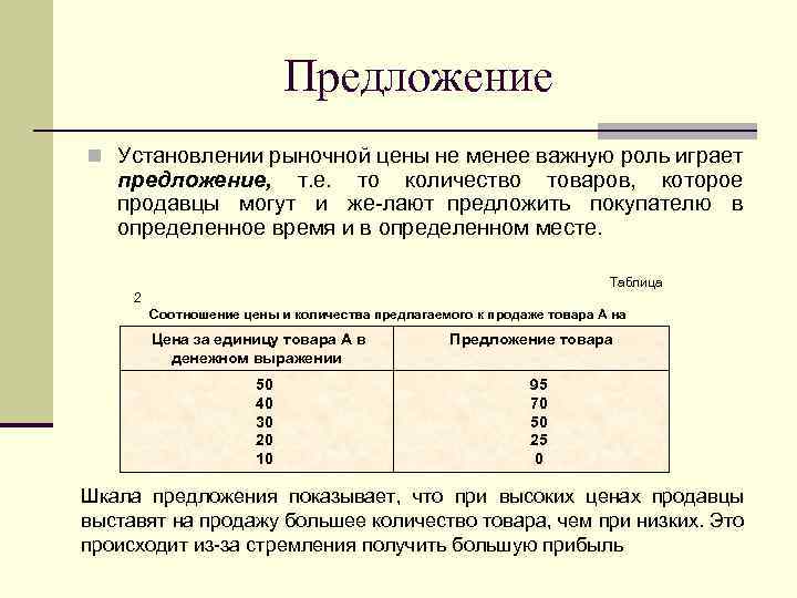 Предложение n Установлении рыночной цены не менее важную роль играет предложение, т. е. то