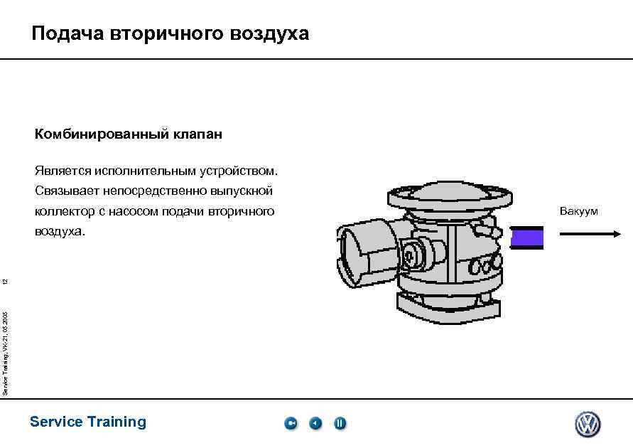 Подача вторичного воздуха Комбинированный клапан Является исполнительным устройством. Связывает непосредственно выпускной коллектор с насосом