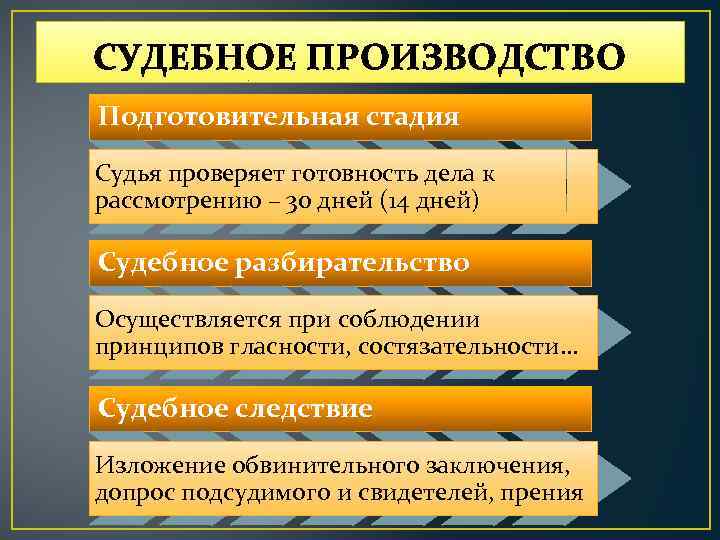 СУДЕБНОЕ ПРОИЗВОДСТВО Подготовительная стадия Судья проверяет готовность дела к рассмотрению – 30 дней (14