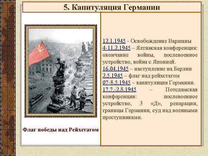 5. Капитуляция Германии 12. 1. 1945 - Освобождение Варшавы 4 -11. 2. 1945 –
