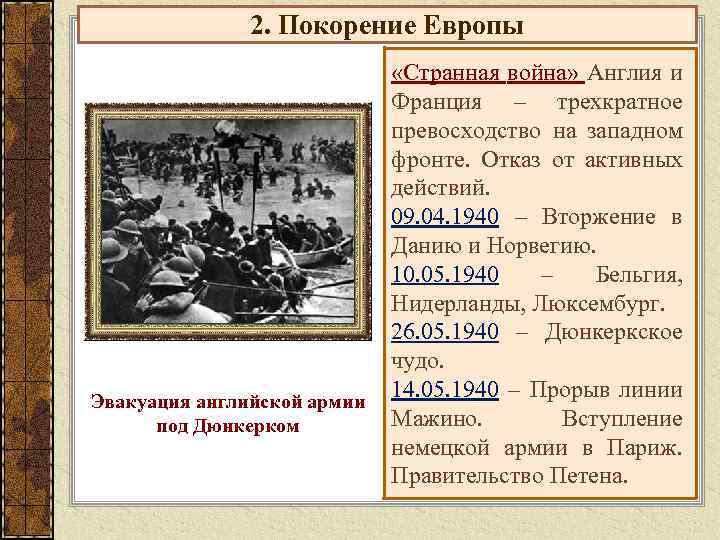 2. Покорение Европы Эвакуация английской армии под Дюнкерком «Странная война» Англия и Франция –