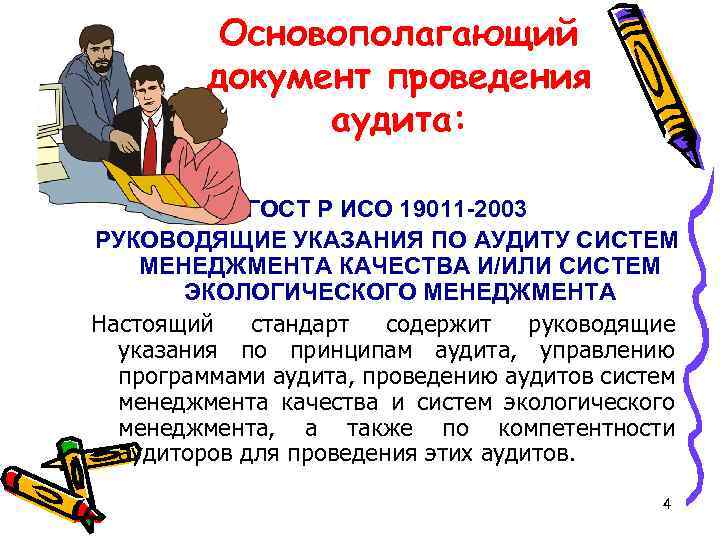Основополагающий документ проведения аудита: ГОСТ Р ИСО 19011 -2003 РУКОВОДЯЩИЕ УКАЗАНИЯ ПО АУДИТУ СИСТЕМ