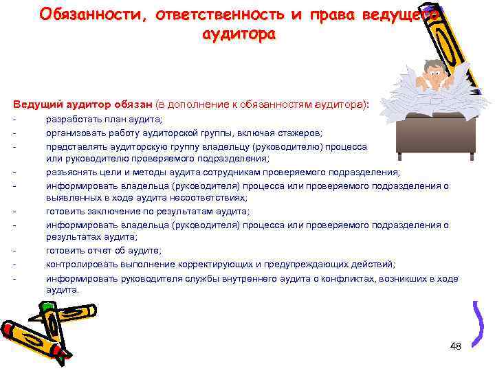 Обязанности, ответственность и права ведущего аудитора Ведущий аудитор обязан (в дополнение к обязанностям аудитора):