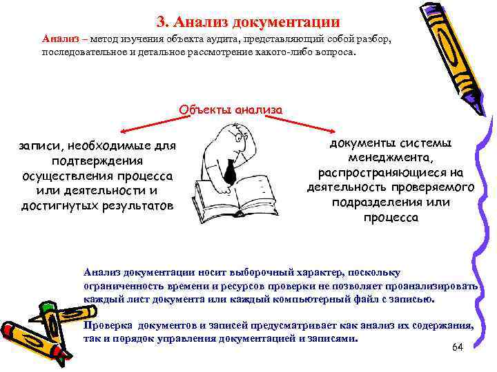 3. Анализ документации Анализ – метод изучения объекта аудита, представляющий собой разбор, последовательное и
