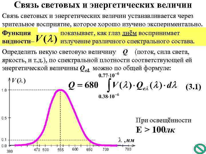 Связь световых и энергетических величин устанавливается через зрительное восприятие, которое хорошо изучено экспериментально. Функция