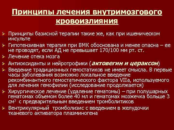 Принципы лечения внутримозгового кровоизлияния Ø Ø Ø Ø Принципы базисной терапии такие же, как