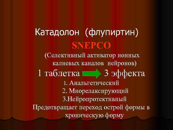  Катадолон (флупиртин) SNEPCO (Селективный активатор ионных калиевых каналов нейронов) 1 таблетка 3 эффекта