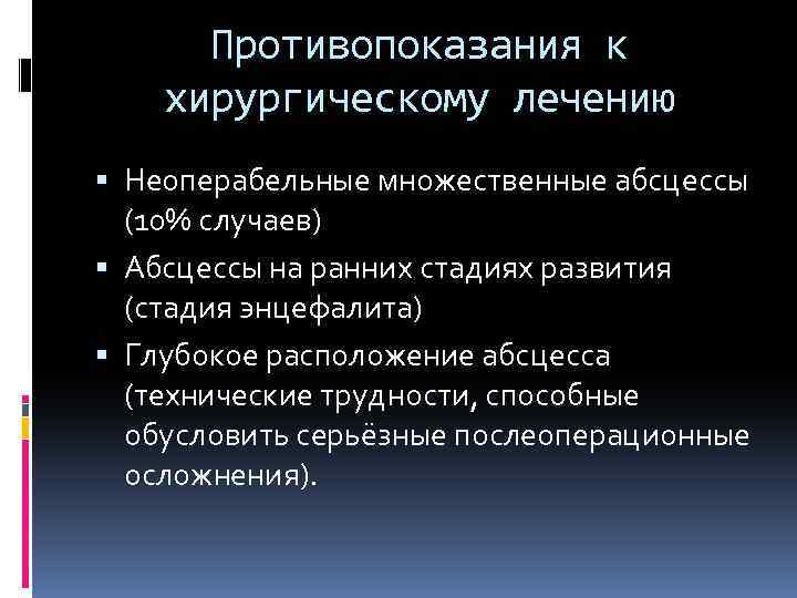 Противопоказания к хирургическому лечению Неоперабельные множественные абсцессы (10% случаев) Абсцессы на ранних стадиях развития
