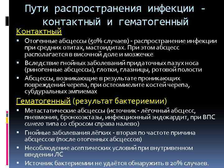Пути распространения инфекции контактный и гематогенный Контактный Отогенные абсцессы (50% случаев) - распространение инфекции