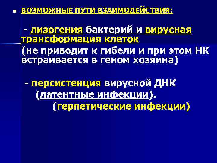 n ВОЗМОЖНЫЕ ПУТИ ВЗАИМОДЕЙСТВИЯ: - лизогения бактерий и вирусная трансформация клеток (не приводит к