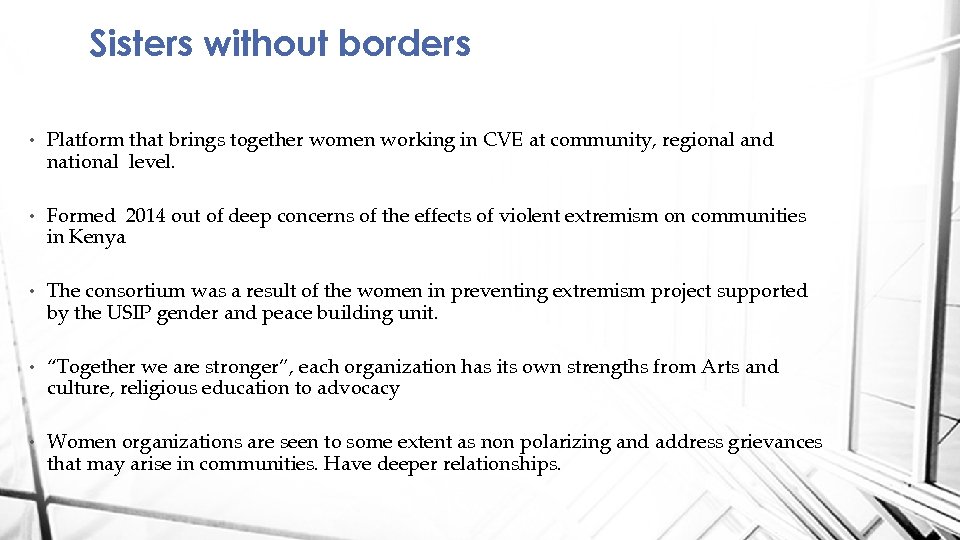 Sisters without borders • Platform that brings together women working in CVE at community,