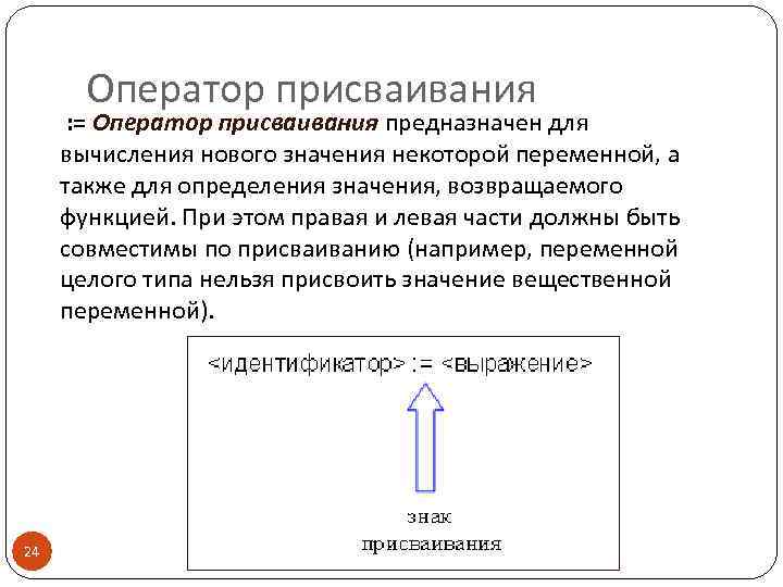 Оператор присваивания : = Оператор присваивания предназначен для вычисления нового значения некоторой переменной, а