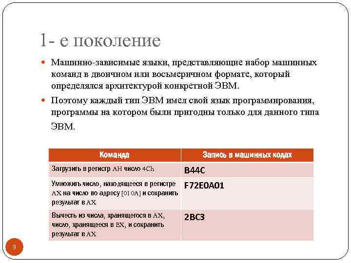 1 - е поколение Машинно-зависимые языки, представляющие набор машинных команд в двоичном или восьмеричном