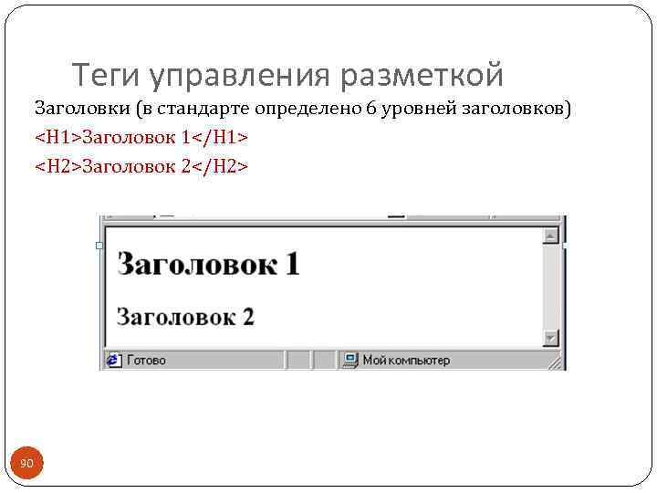 Теги управления разметкой Заголовки (в стандарте определено 6 уровней заголовков) <H 1>Заголовок 1</H 1>