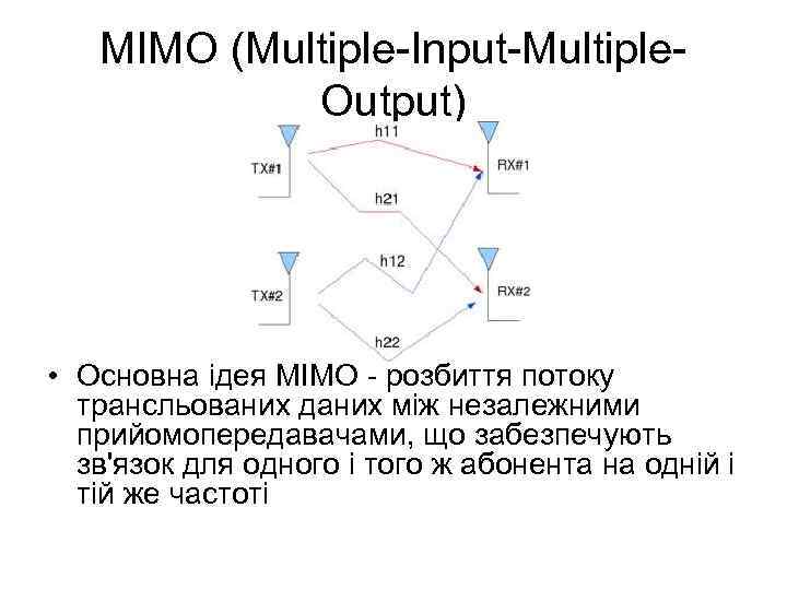 MIMO (Multiple-Input-Multiple. Output) • Основна ідея MIMO - розбиття потоку трансльованих даних між незалежними