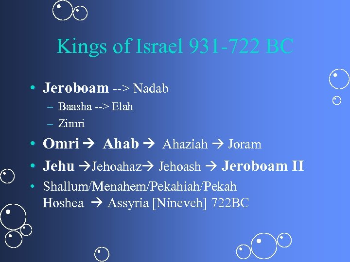 Kings of Israel 931 -722 BC • Jeroboam --> Nadab – Baasha --> Elah