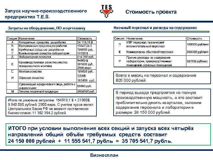Запуск научно-производственного предприятия T. E. S. Стоимость проекта Наемный персонал и расходы на содержание
