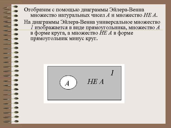 Отобразим с помощью диаграммы Эйлера Венна множество натуральных чисел А и множество НЕ А.