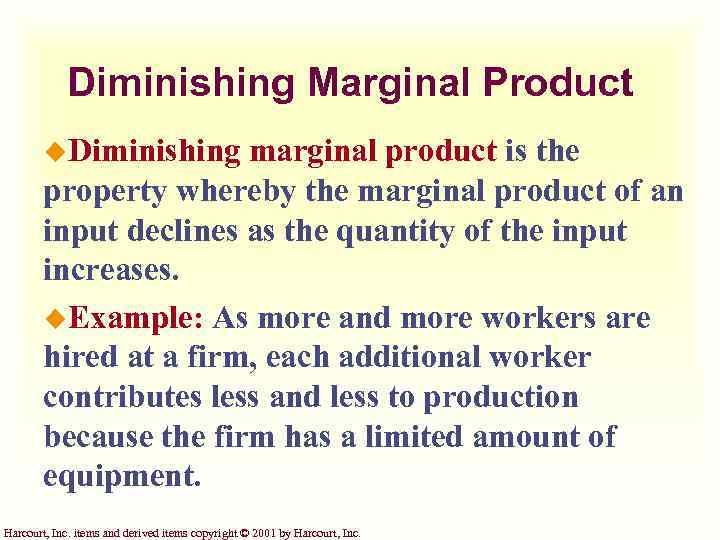 Diminishing Marginal Product u. Diminishing marginal product is the property whereby the marginal product
