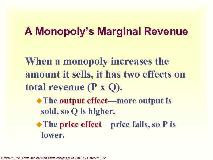 A Monopoly’s Marginal Revenue When a monopoly increases the amount it sells, it has