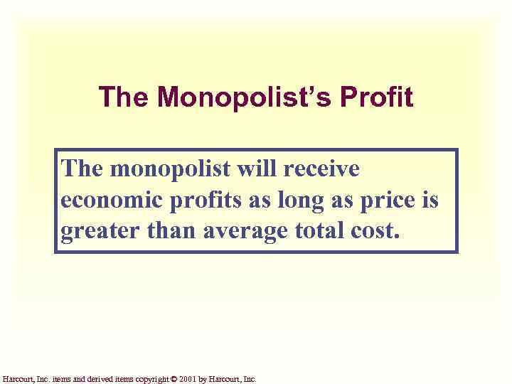 The Monopolist’s Profit The monopolist will receive economic profits as long as price is